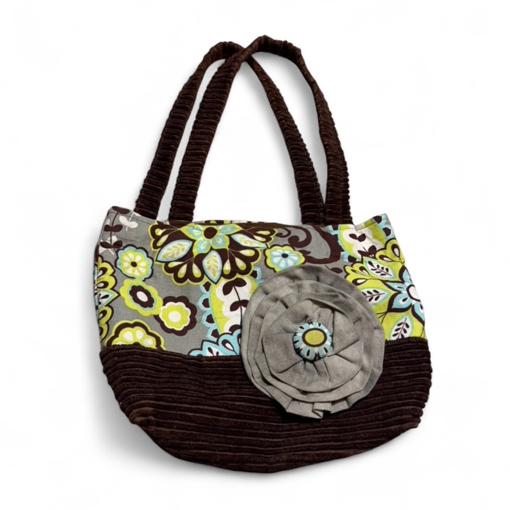 Women’s Brown Floral Fabric Tote Bag with Rosette Accent